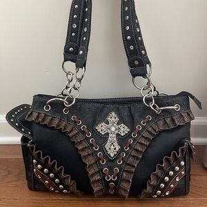 Western Inspired Black & Brown Studded Cowgirl Chic Handbag Purse